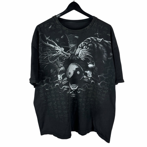 Mens Y2K All Over Print Ying Yang Dragon Grunge Style Graphic Shirt Size 2XL